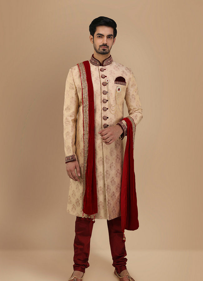 alt message - Manyavar Men Brilliant Fawn Sherwani Suit image number 1